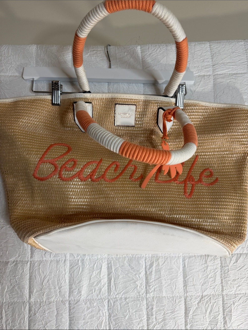 Beachwife Straw Tote Bag with Orange and White Rope Handles